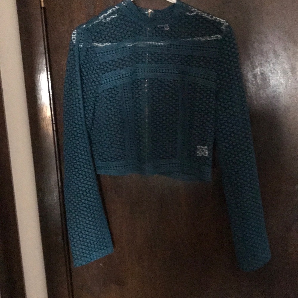 Teal, lace, and shear crop long sleeve blouse